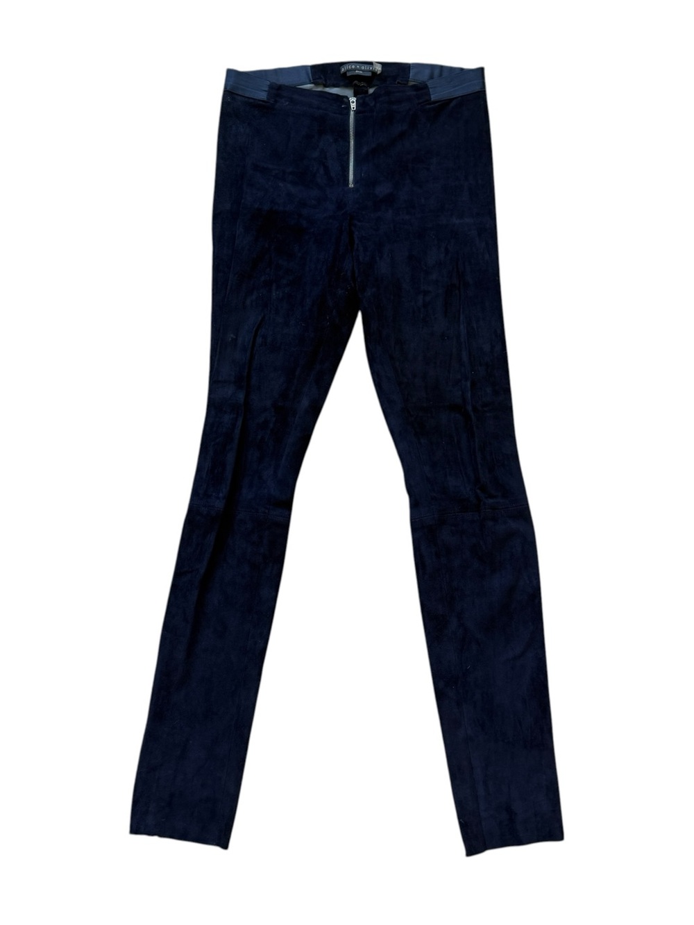 Alice + Olivia Front Zip Suede Leggings 8 Navy Lambskin Leather Quiet Luxury